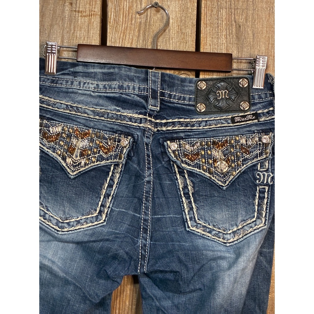 Miss Me Mid Rise Bootcut Jeans Embellished Flap Pocket Blue 28 ME8055B7R